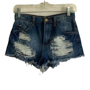 Forever 21 Womens Super Distressed Dk Blue Hi Rise Jean Denim Cutoff Shorts 24